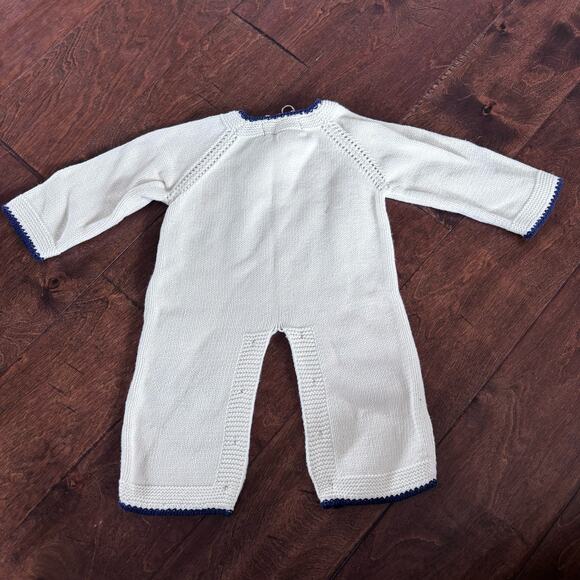 Grandma Nes Boys 6 Month Hand Knit Outfit Cream Trains Romper - Picture 2 of 8
